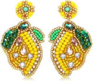 Lemon Earrings for Women Boho Cute Crystal Beaded Lemon Dangling Fun Boho Summer Fruit Earings Jewelry