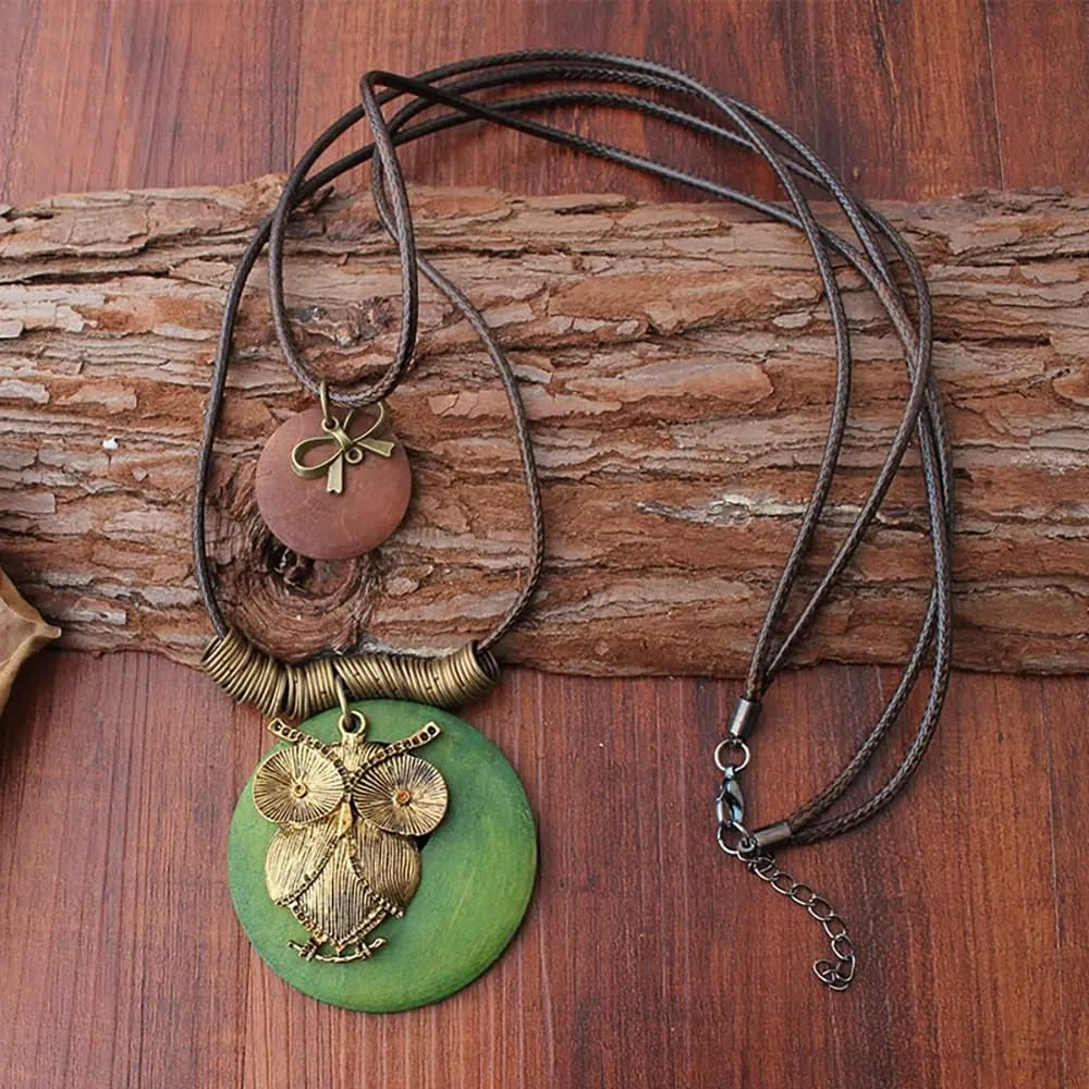 Les umes Vintage Necklace Wooden Pendant Long Necklaces for Women Boho Ethnic Style Handmade Jewelry