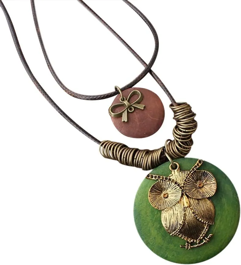 Les umes Vintage Necklace Wooden Pendant Long Necklaces for Women Boho Ethnic Style Handmade Jewelry