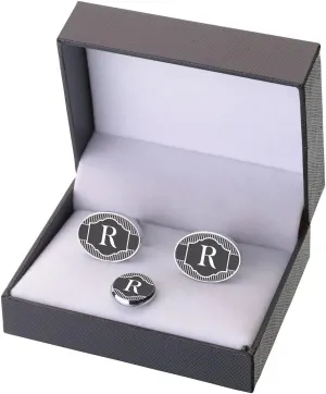 Lillian Rose 3.25"x2.5" Band Black Monogram Letter R Cufflinks Tie Tack Set, 3.25 by 2.5"
