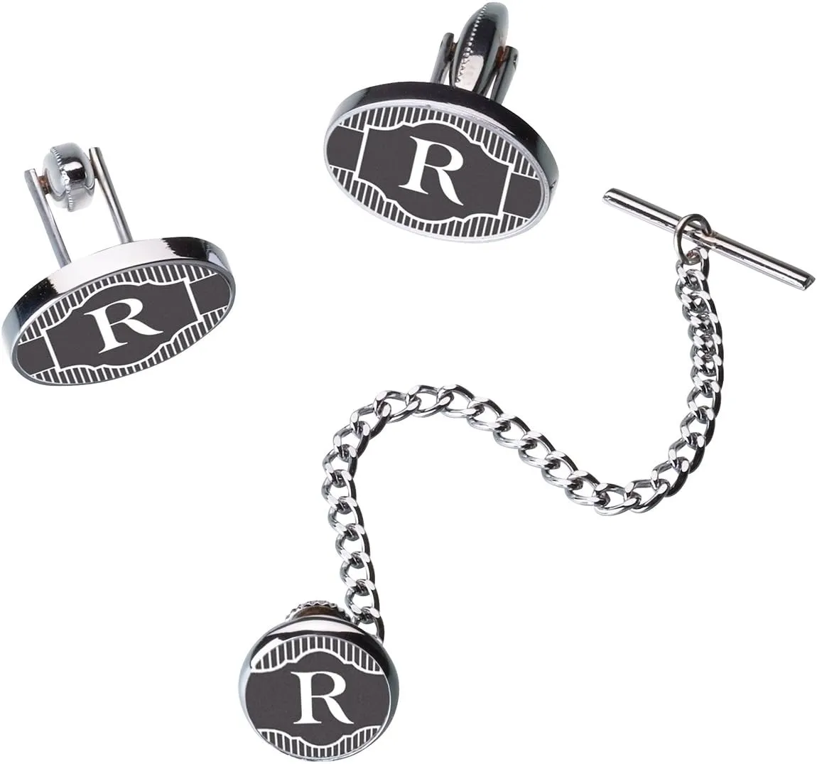Lillian Rose 3.25"x2.5" Band Black Monogram Letter R Cufflinks Tie Tack Set, 3.25 by 2.5"