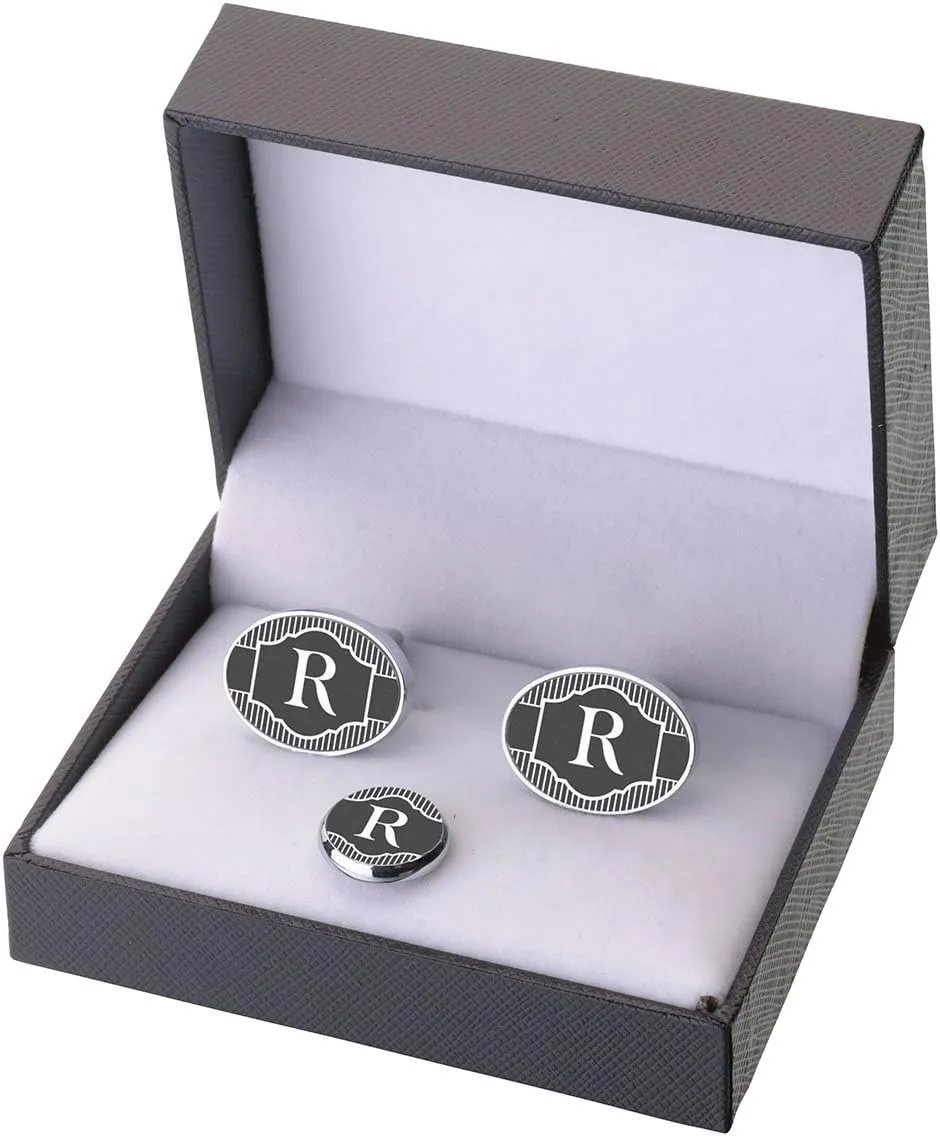 Lillian Rose 3.25"x2.5" Band Black Monogram Letter R Cufflinks Tie Tack Set, 3.25 by 2.5"