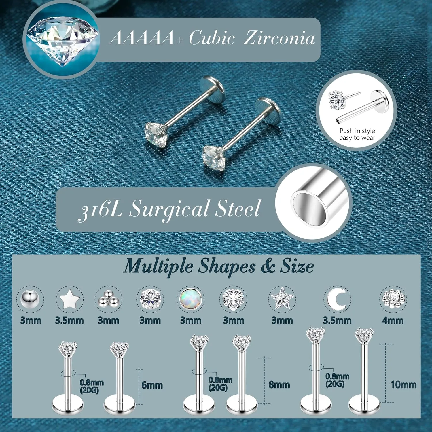 LOLIAS 20G 18G 16G Threadless Nose Studs Rings for Women Men 316L Surgical Steel Push in Flat Back Earrings CZ Lip Labret Nose Rings Studs Cartilage Helix Conch Medusa Nostril Tragus Piercing Jewelry 6mm 8mm 10mm Length