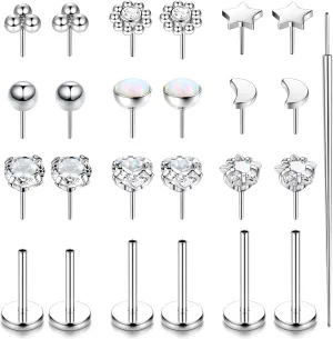LOLIAS 20G 18G 16G Threadless Nose Studs Rings for Women Men 316L Surgical Steel Push in Flat Back Earrings CZ Lip Labret Nose Rings Studs Cartilage Helix Conch Medusa Nostril Tragus Piercing Jewelry 6mm 8mm 10mm Length