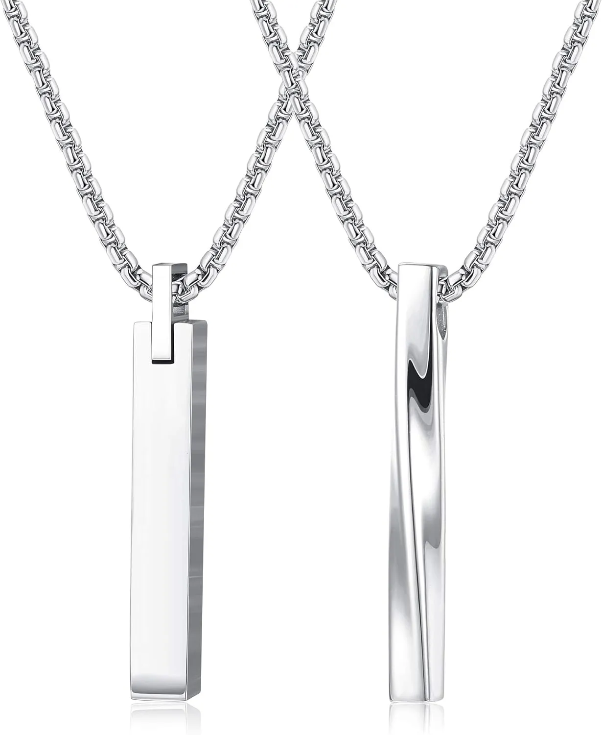 LOLIAS 2pcs Stainless Steel Stick Bar Necklace Set for Men Women Cool Unisex Twisted Cube Bar Vertical Cuboid Stick Pendant Chain Necklace
