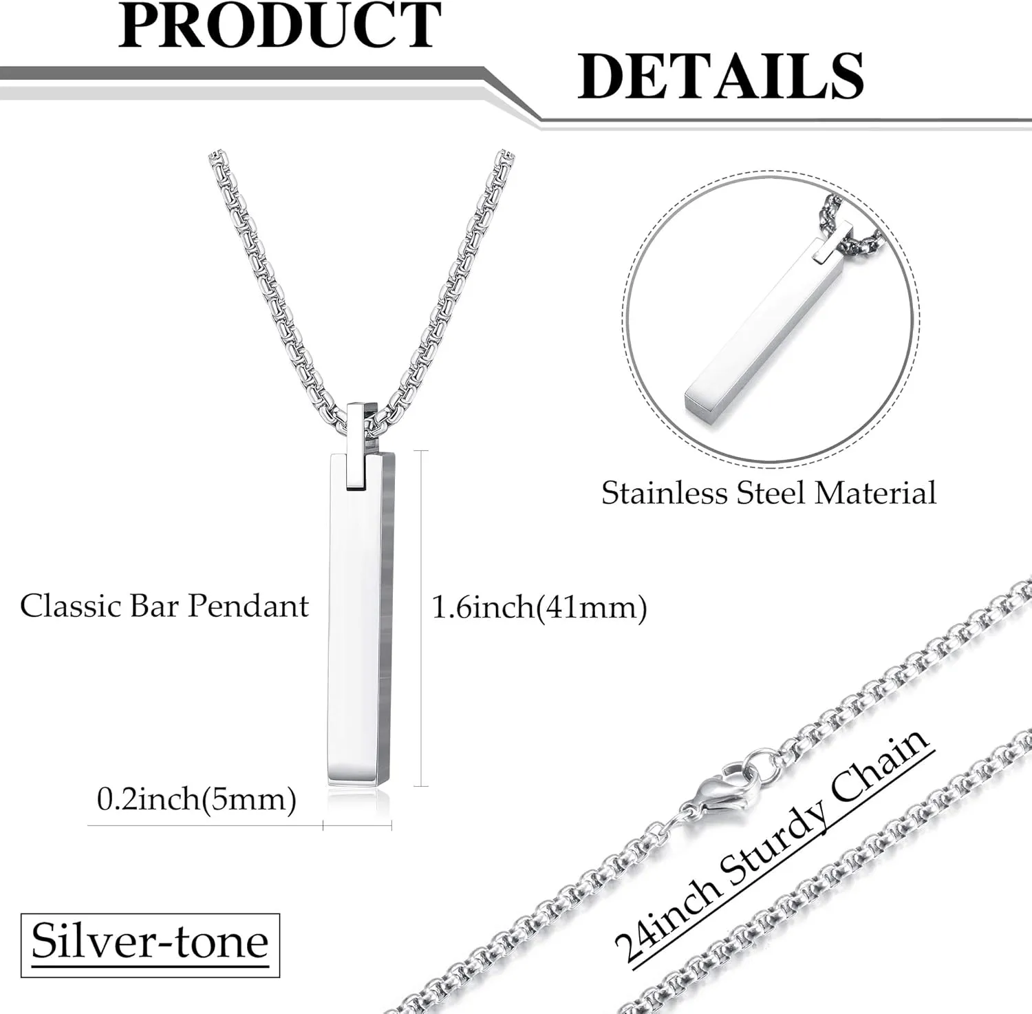 LOLIAS 2pcs Stainless Steel Stick Bar Necklace Set for Men Women Cool Unisex Twisted Cube Bar Vertical Cuboid Stick Pendant Chain Necklace
