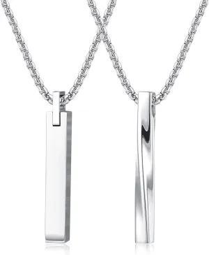 LOLIAS 2pcs Stainless Steel Stick Bar Necklace Set for Men Women Cool Unisex Twisted Cube Bar Vertical Cuboid Stick Pendant Chain Necklace