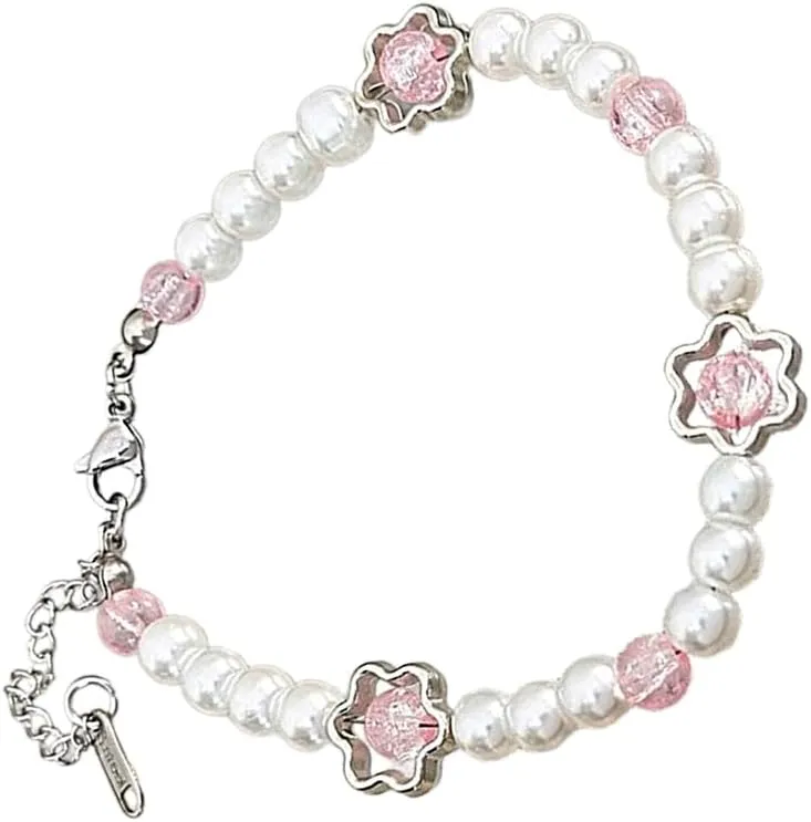 Love Flower Beaded Bracelet Delicate Imitation Pearls Bracelet Hand Chain Charm Wrist Jewelry Adjustable Length