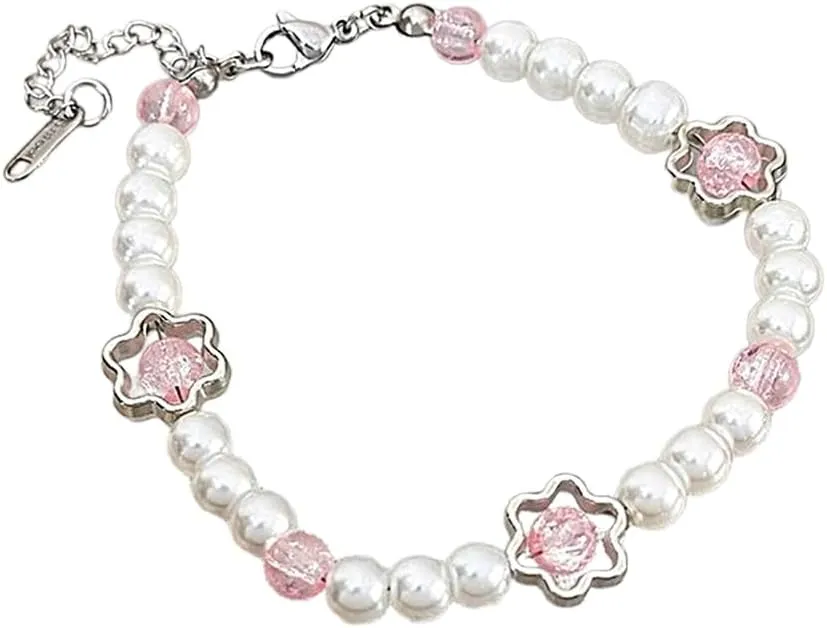 Love Flower Beaded Bracelet Delicate Imitation Pearls Bracelet Hand Chain Charm Wrist Jewelry Adjustable Length