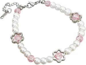 Love Flower Beaded Bracelet Delicate Imitation Pearls Bracelet Hand Chain Charm Wrist Jewelry Adjustable Length