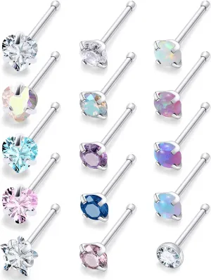 Lsnevsie 20G Surgical Steel Opal Nose Rings Studs for Women Men Nose Piercing Jewelry Top Diamond 2mm 3mm 15Pcs