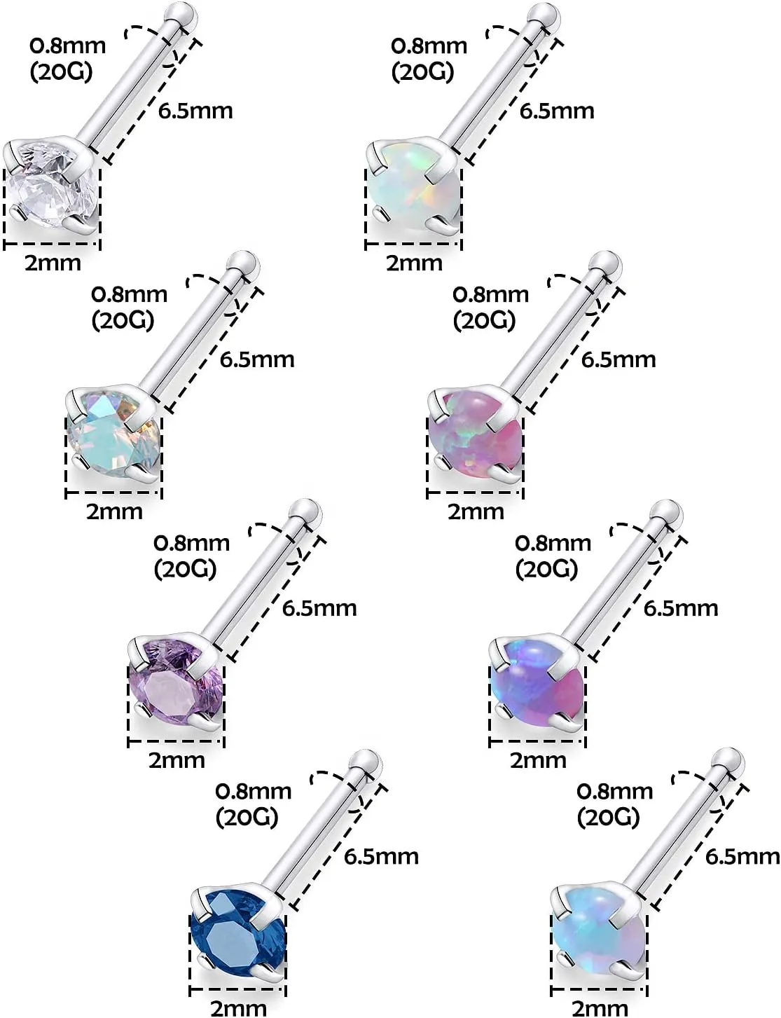 Lsnevsie 20G Surgical Steel Opal Nose Rings Studs for Women Men Nose Piercing Jewelry Top Diamond 2mm 3mm 15Pcs
