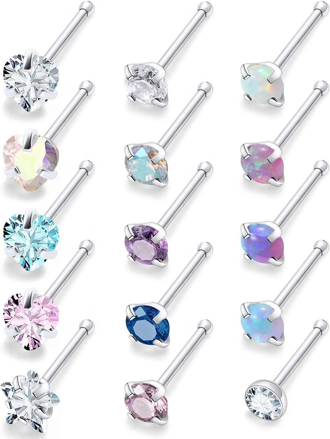 Lsnevsie 20G Surgical Steel Opal Nose Rings Studs for Women Men Nose Piercing Jewelry Top Diamond 2mm 3mm 15Pcs