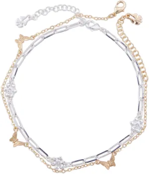 Lucky Brand Women's Flower And Butterfly Chain Anklet Set, Two Tone, Unsized