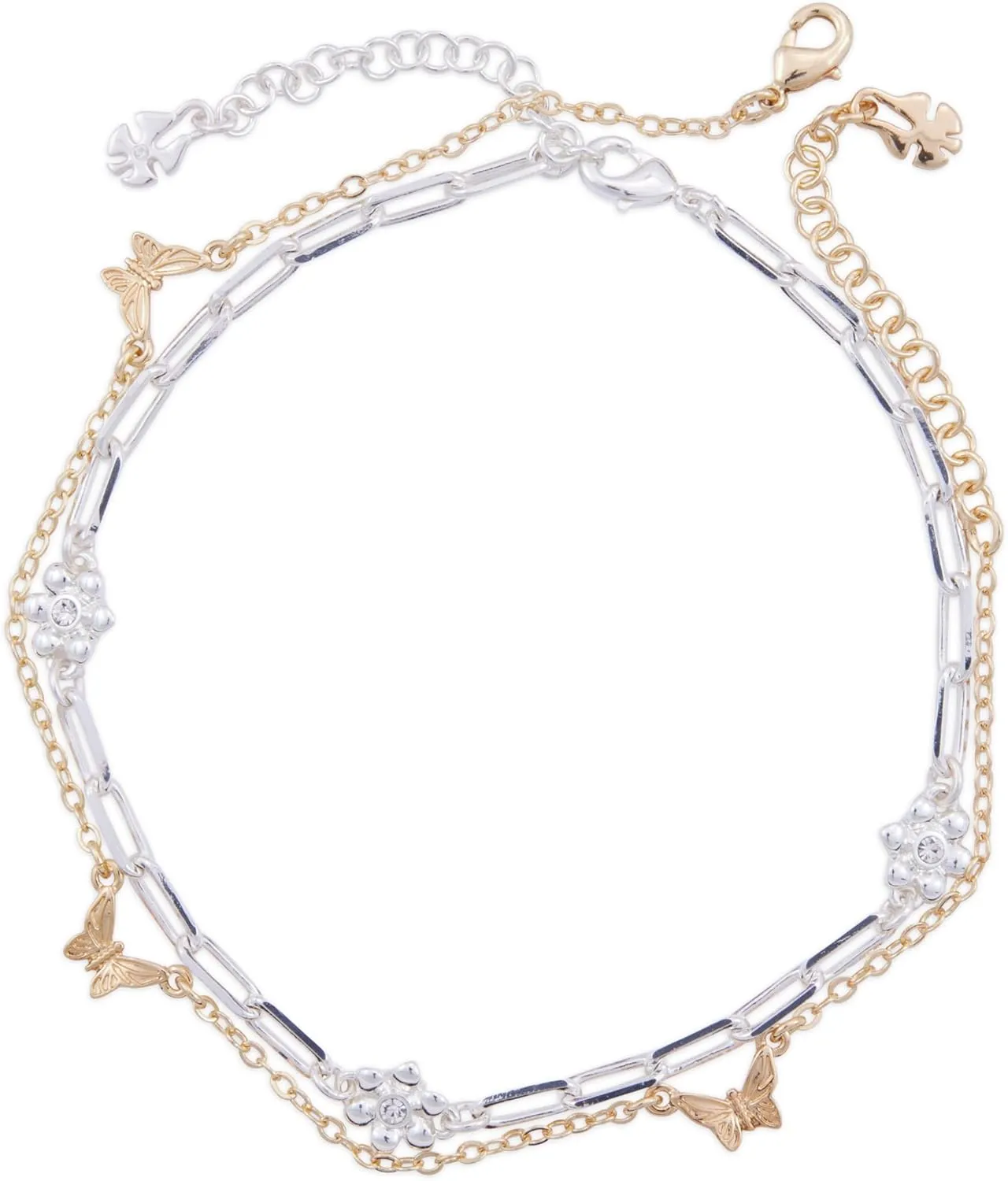 Lucky Brand Women's Flower And Butterfly Chain Anklet Set, Two Tone, Unsized