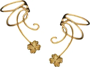 Lucky Clover Non-pierced Pair Wave Ear Cuff Earring Wrap ClipsGold On Sterling