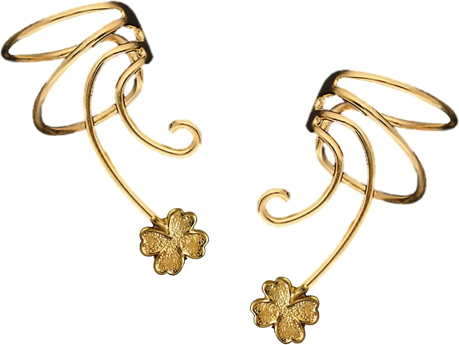 Lucky Clover Non-pierced Pair Wave Ear Cuff Earring Wrap ClipsGold On Sterling