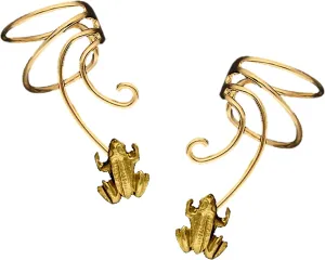 Lucky Frog Non-pierced Wave Ear Cuff Earring Pair Gold On 925 Sterling