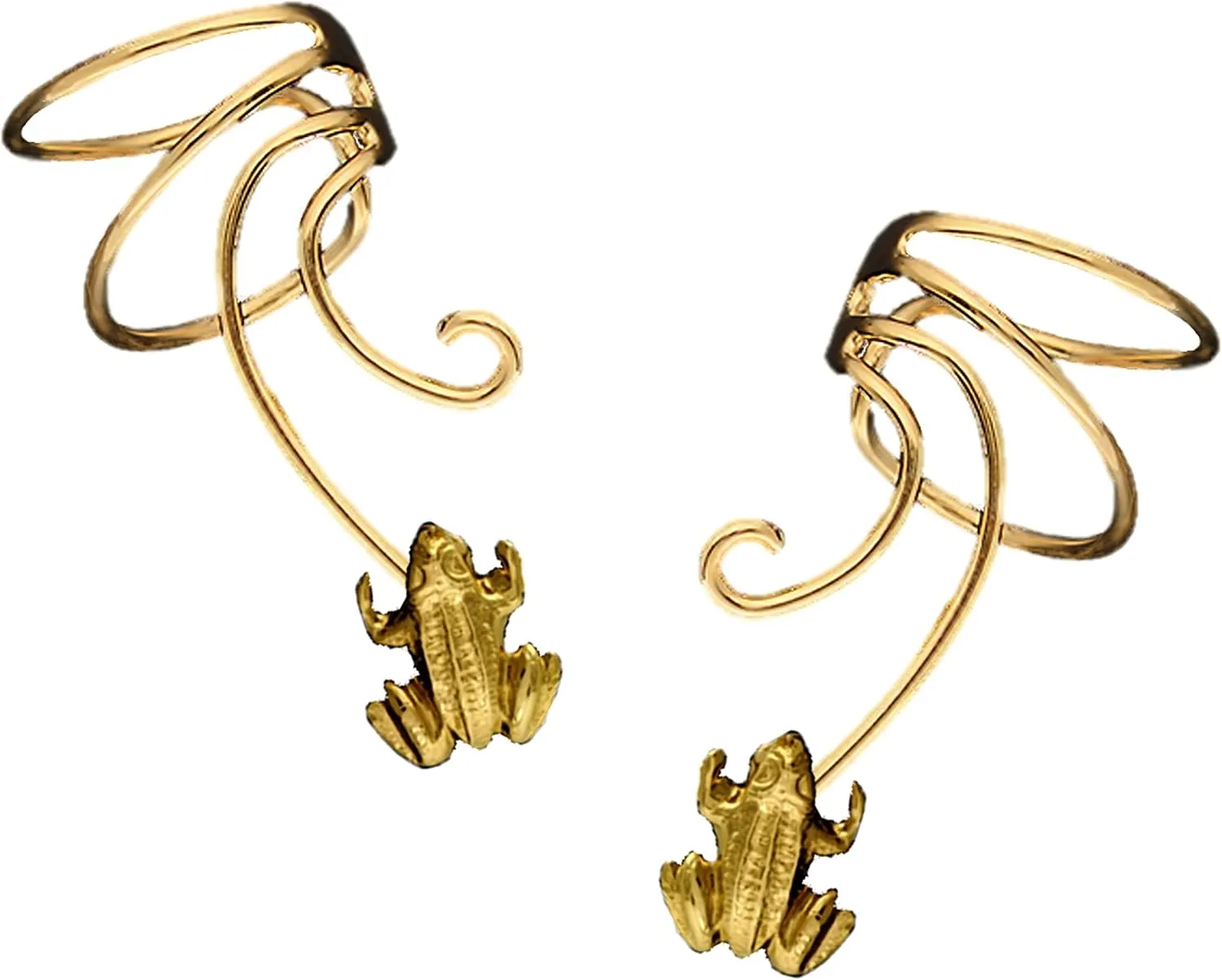 Lucky Frog Non-pierced Wave Ear Cuff Earring Pair Gold On 925 Sterling
