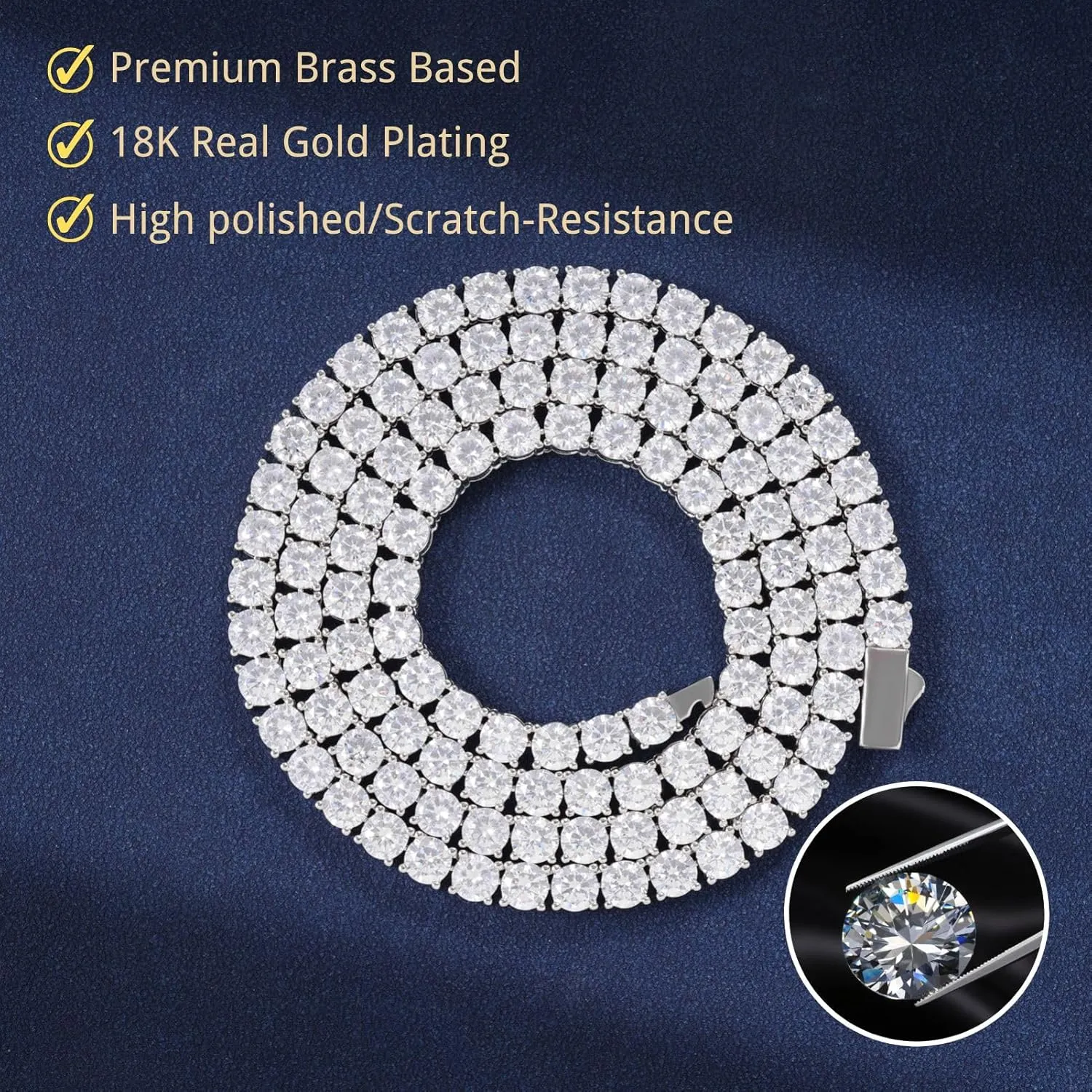 Lulu Mel Tennis Necklace for Women Men, 3/4/5mm Gold Plated Classic silver Tennis Chain Choker Necklace 16-24 Inches, Iced Out 5A Cubic Zirconia Stones Diamond Chain Lady Fashion Dainty Jewelry