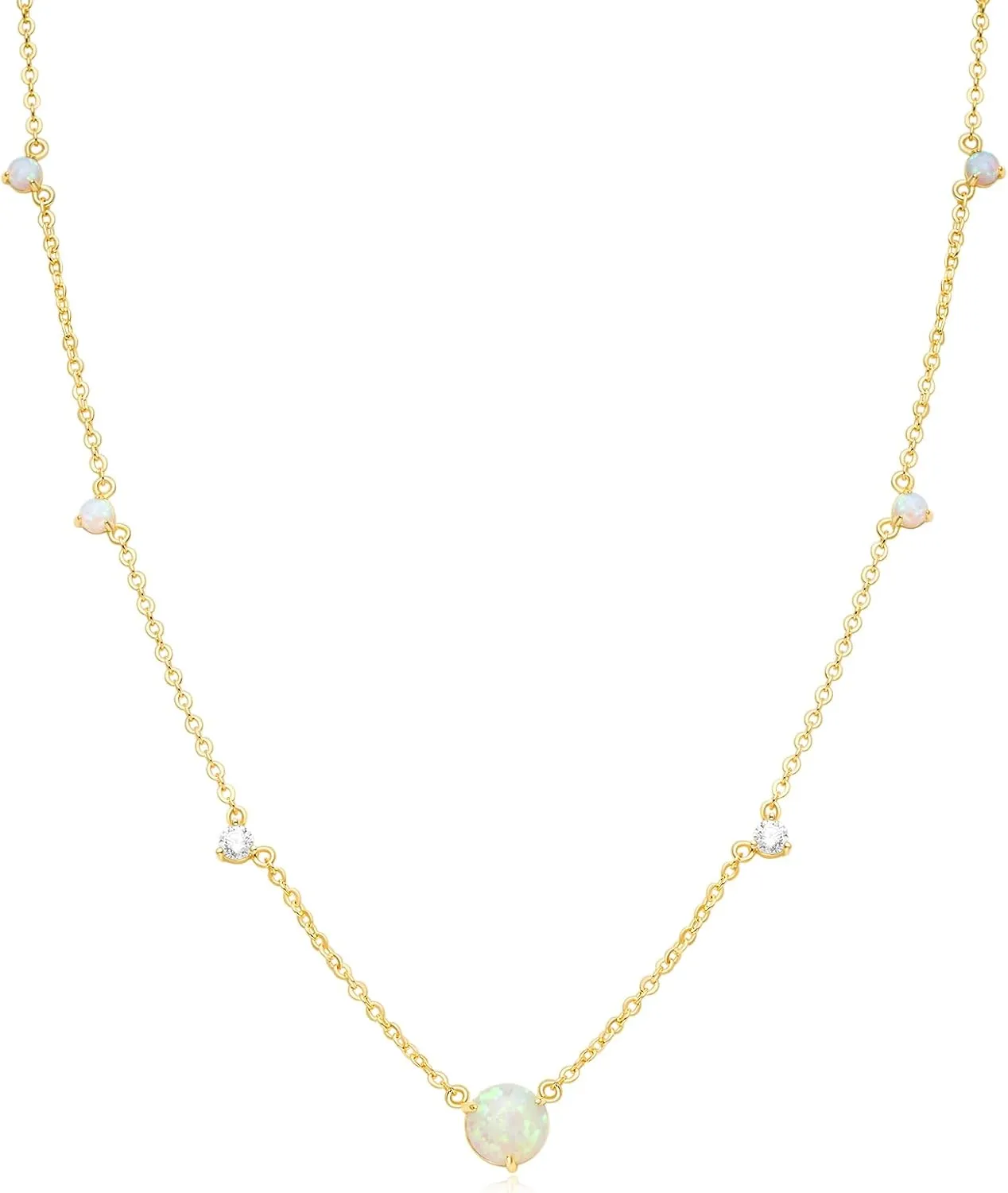 Mameloly 14K Gold Plated Station Necklaces for Women Dainty Tiny CZ Opal Necklace Pendant for Her