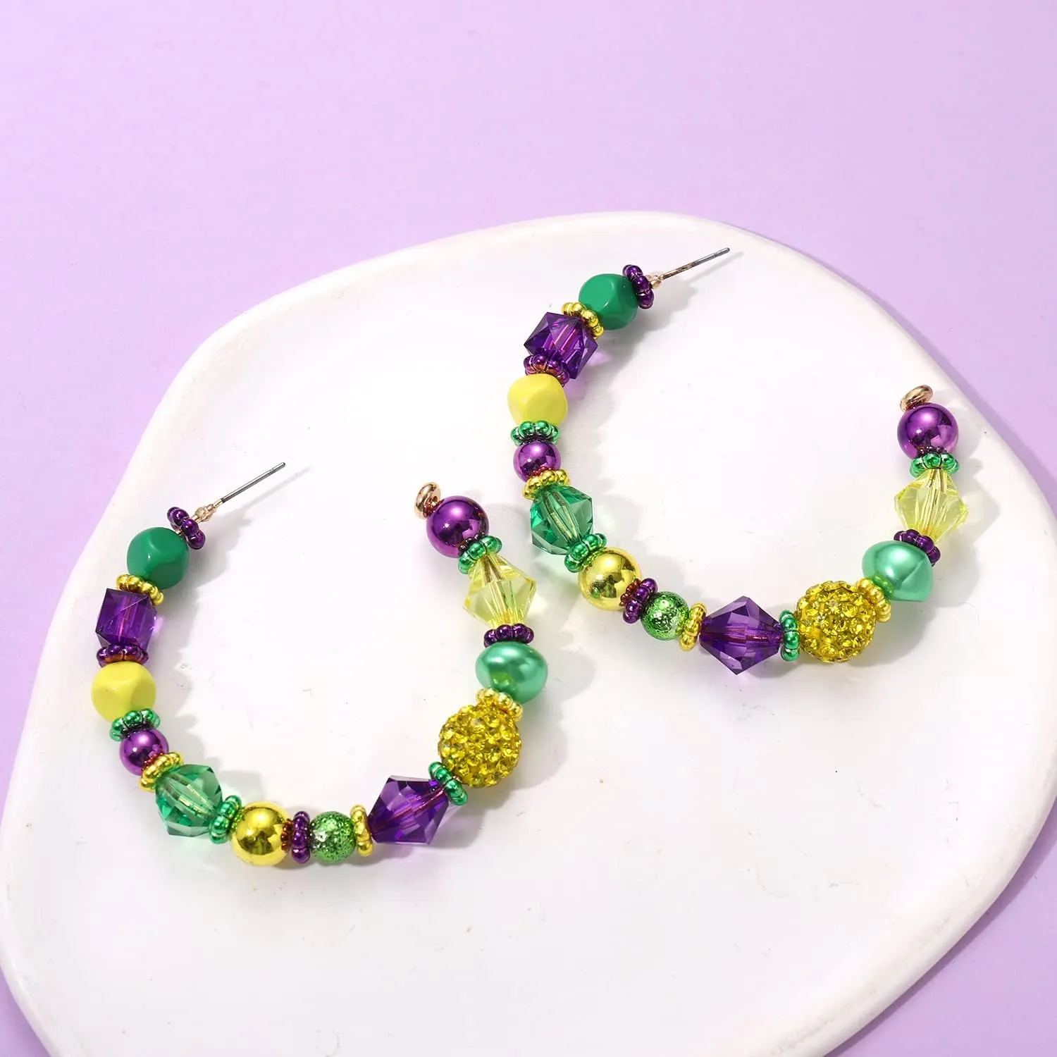 Mardi Gras Beaded Earrings for Women Green Purple Gold Beads Hoop Earrings Fat Tuesday Carnival Statement Earrings Holiday Party Jewelry Gift