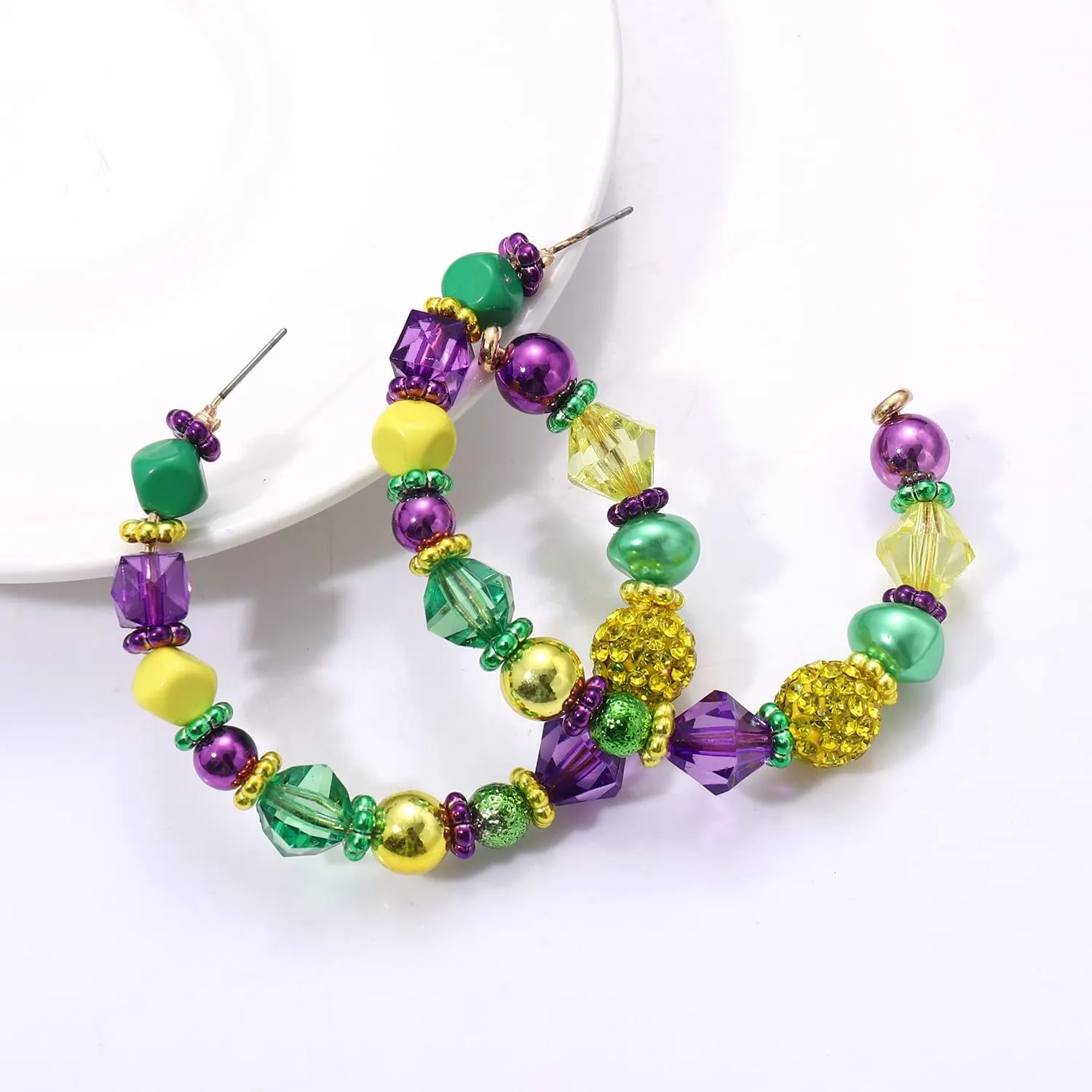 Mardi Gras Beaded Earrings for Women Green Purple Gold Beads Hoop Earrings Fat Tuesday Carnival Statement Earrings Holiday Party Jewelry Gift