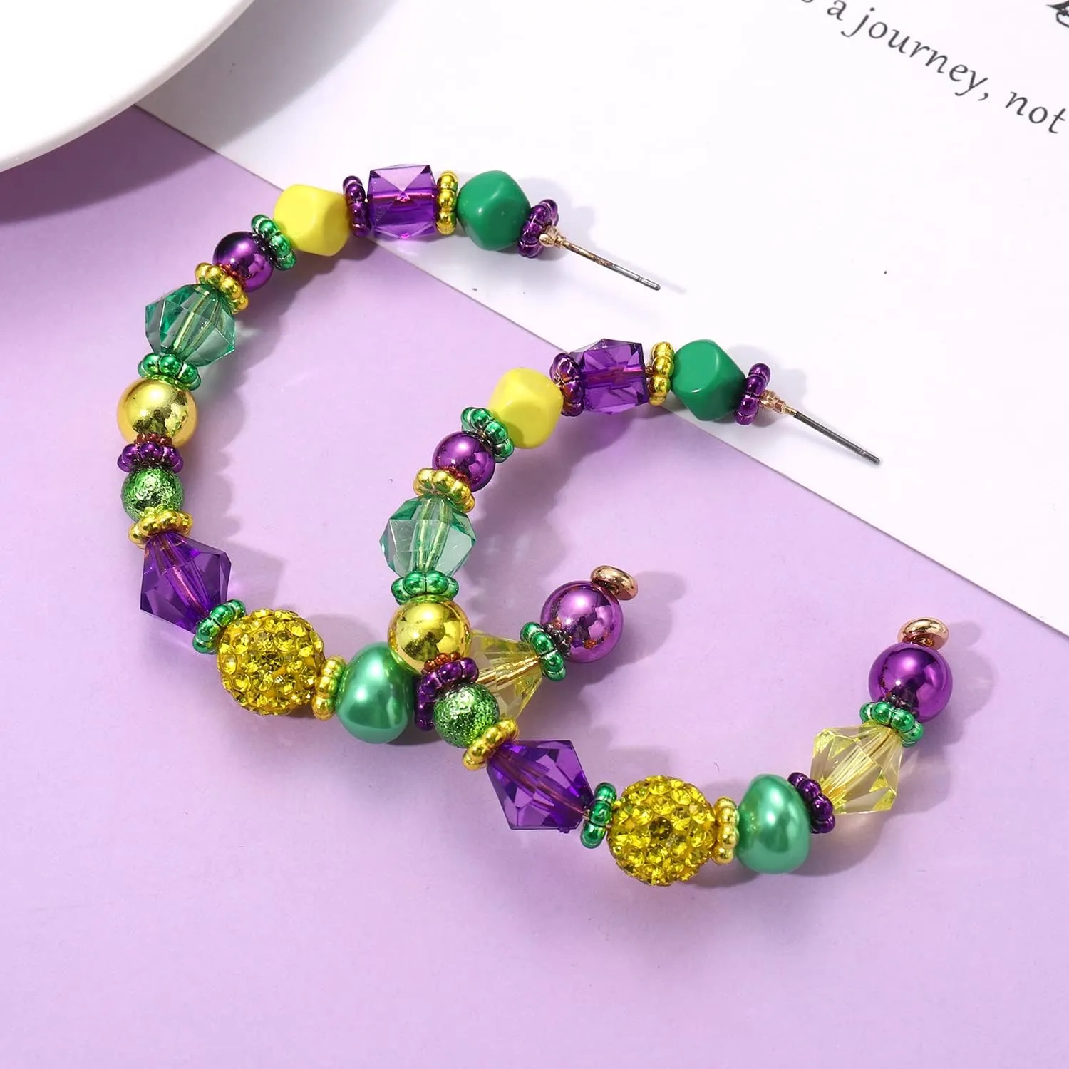 Mardi Gras Beaded Earrings for Women Green Purple Gold Beads Hoop Earrings Fat Tuesday Carnival Statement Earrings Holiday Party Jewelry Gift