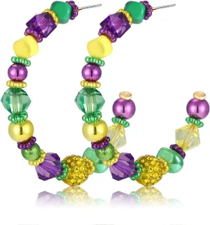 Mardi Gras Beaded Earrings for Women Green Purple Gold Beads Hoop Earrings Fat Tuesday Carnival Statement Earrings Holiday Party Jewelry Gift