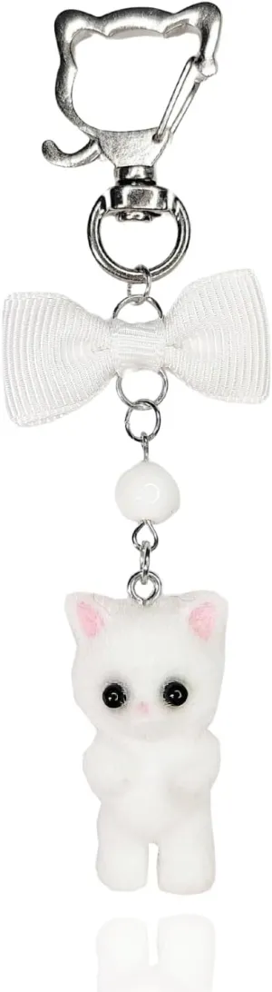 Meefisher Cute Fuzzy Cat Keychain Aesthetic Accessories Kawaii Keys Keyrings Charms for Purse Bags Backpack for Women Gifts,A-White