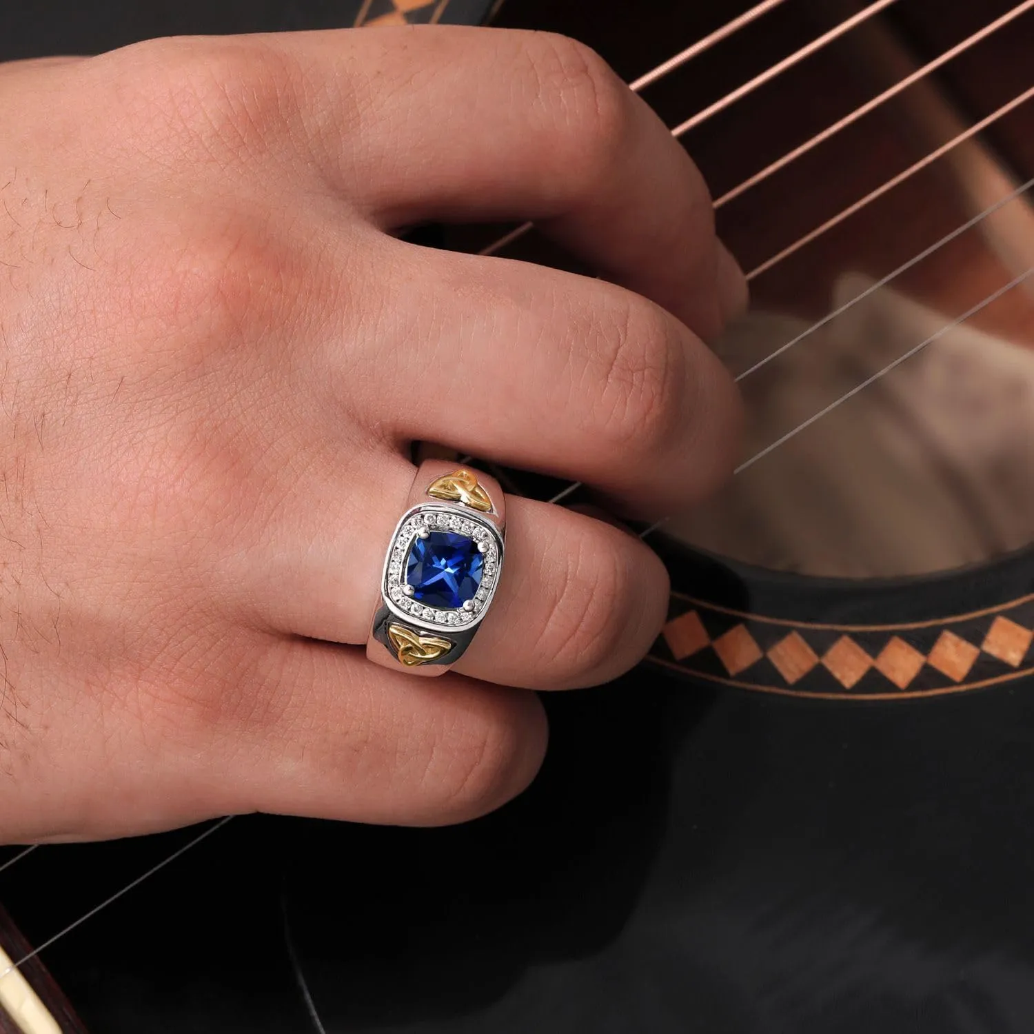 Men's 925 Sterling Silver and 10K Yellow Gold Build your Own Personalized 8MM Cushion Cut Birthstone and White Lab Grown Diamond Ring (2.76 Cttw, Available In Size 7, 8, 9, 10, 11, 12, 13)