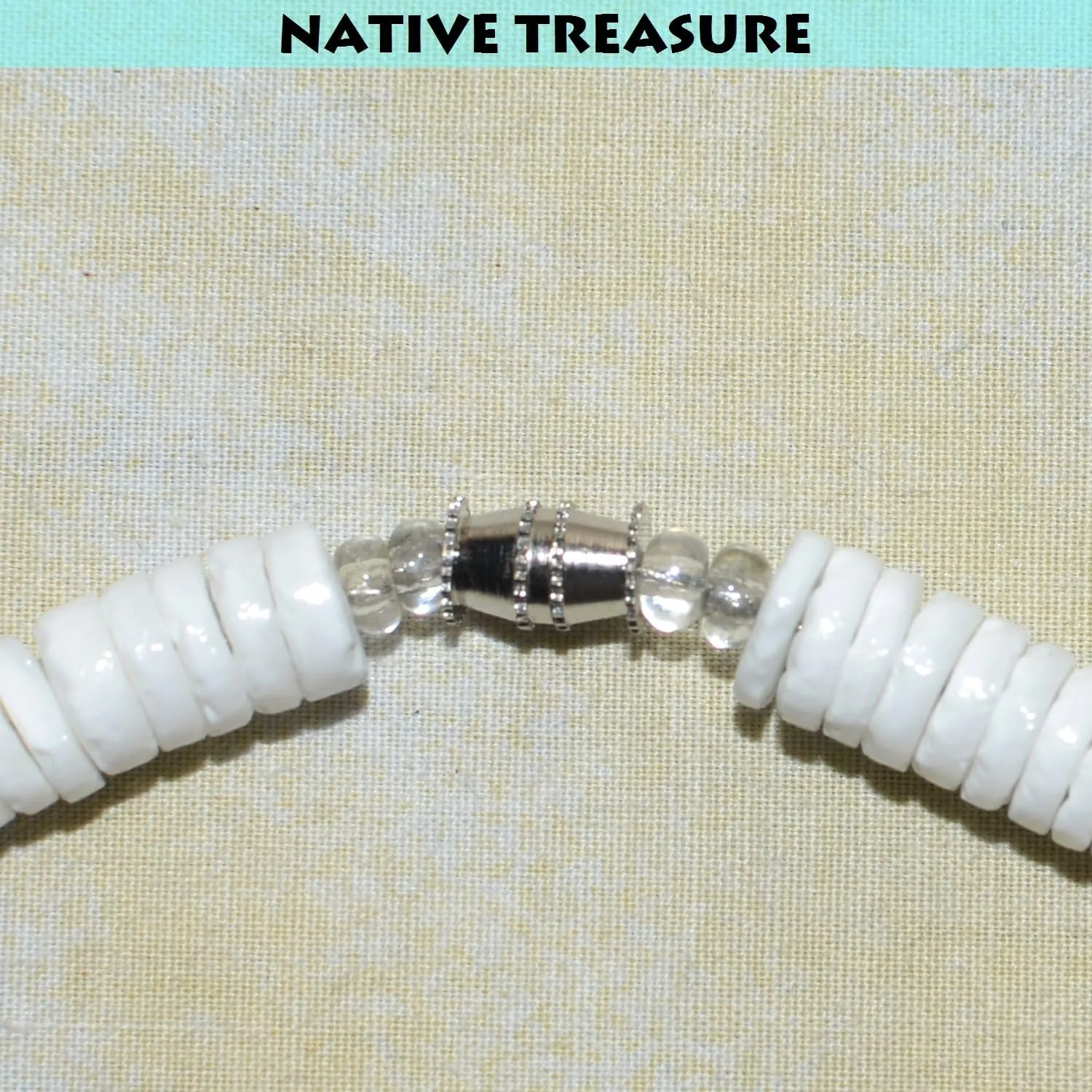 Mens and Womens Summer Beach Surfer Necklace From the Philippines, White Clam Heishe Ark Shells, Blue Glass Cat-Eyes Beads, and Black Coconut Beads, Mens Beach Necklace