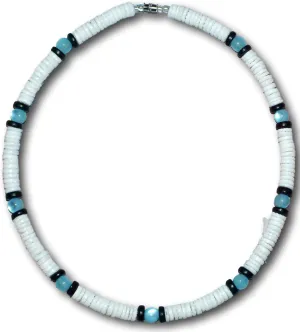 Mens and Womens Summer Beach Surfer Necklace From the Philippines, White Clam Heishe Ark Shells, Blue Glass Cat-Eyes Beads, and Black Coconut Beads, Mens Beach Necklace