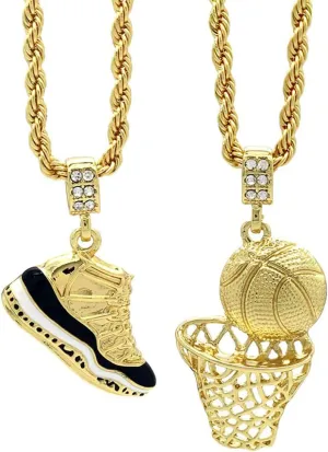 Mens Gold Plated HipHop Retro 11"Concord" & Plain Basketball Pendant 4mm 24" Rope Chain