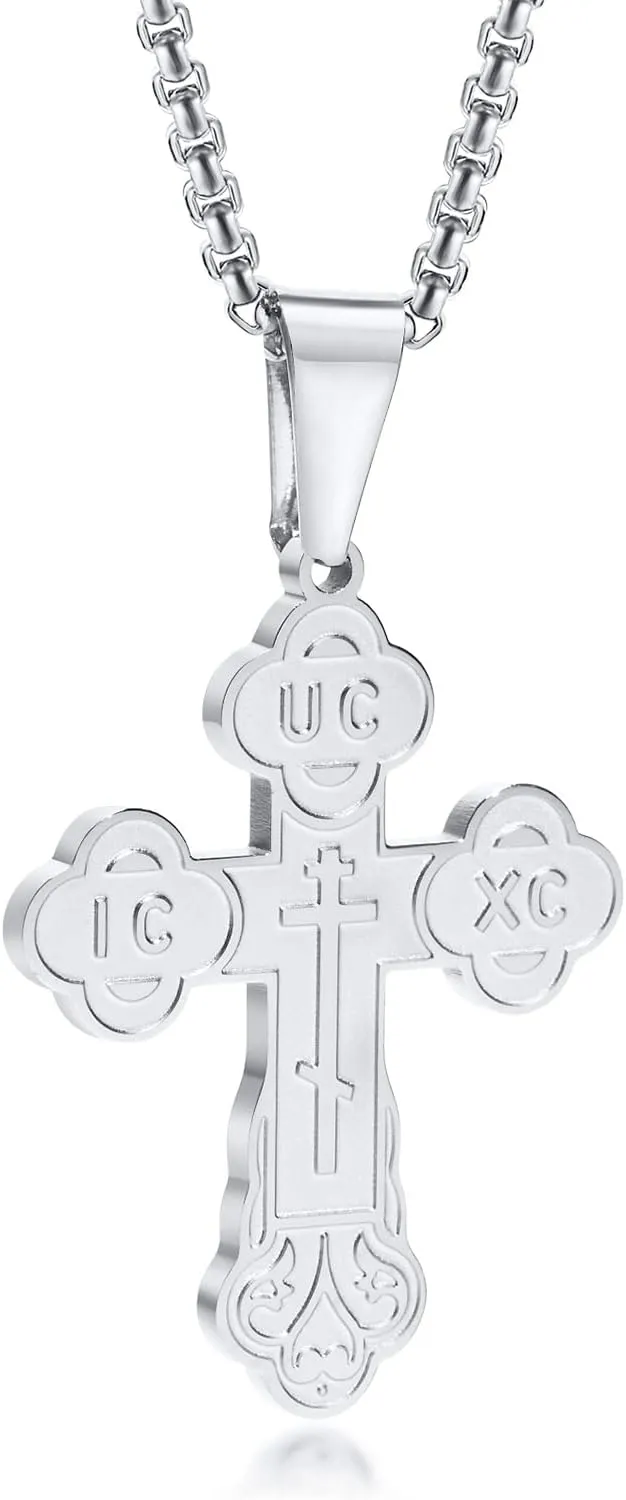 Men's Orthodox Cross Pendant Necklace - Trendy Religious Cross Chain,Hypoallergenic Waterproof Stainless Steel Christian Long Necklaces,Non Tarnish Byzantine Cross Symbol Pendants Necklace for Him