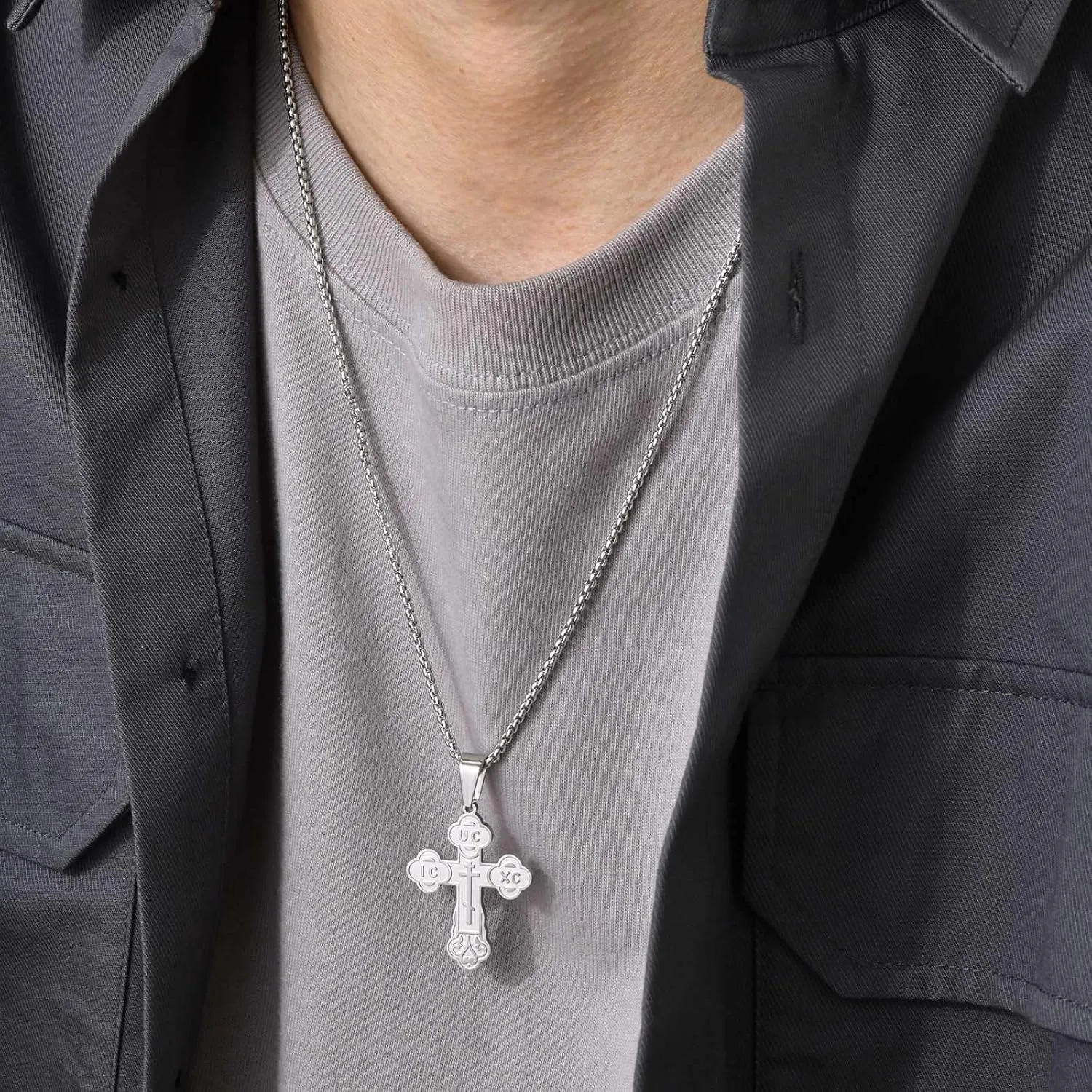 Men's Orthodox Cross Pendant Necklace - Trendy Religious Cross Chain,Hypoallergenic Waterproof Stainless Steel Christian Long Necklaces,Non Tarnish Byzantine Cross Symbol Pendants Necklace for Him