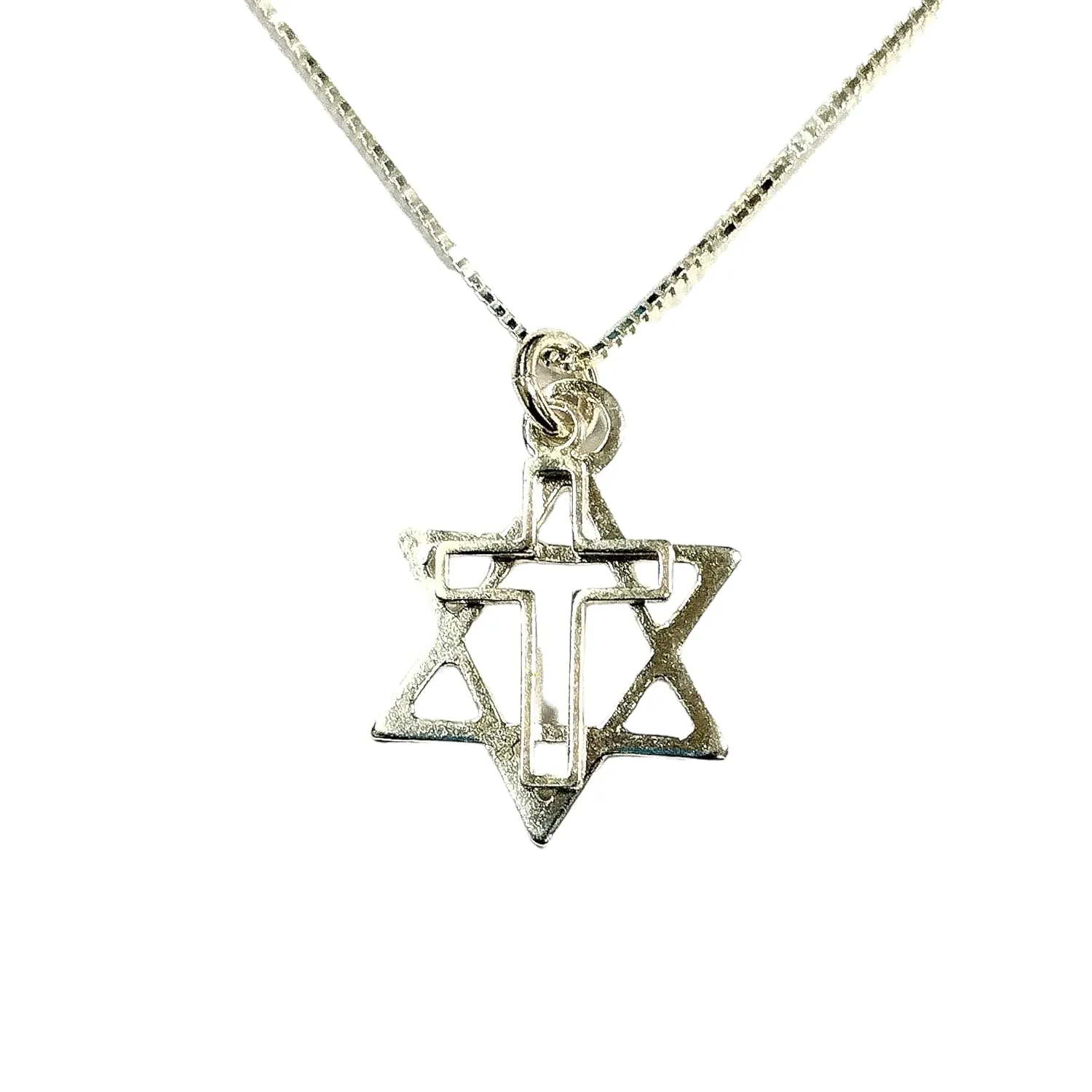 Messianic Sterling Silver 925 Star of David and Cross Charms Box Chain Necklace