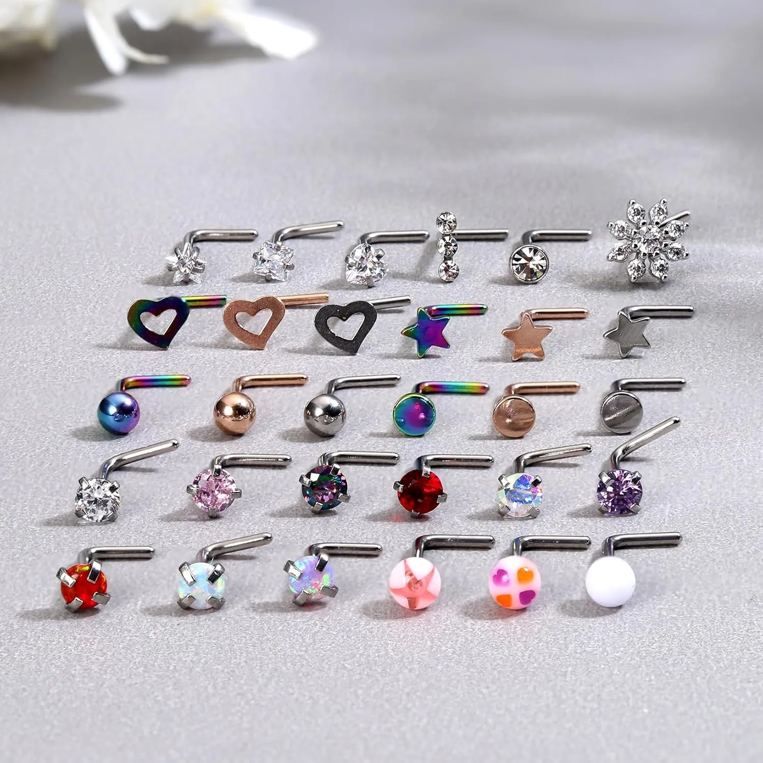 MILACOLATO 30Pcs Nose Rings Studs for Women Men 316L Stainless Steel Nose Piercings Jewelry 18G 20G Straight L Shaped Corkscrew Nose Rings Cubic Zirconia Opal Nose Studs Hypoallergenic