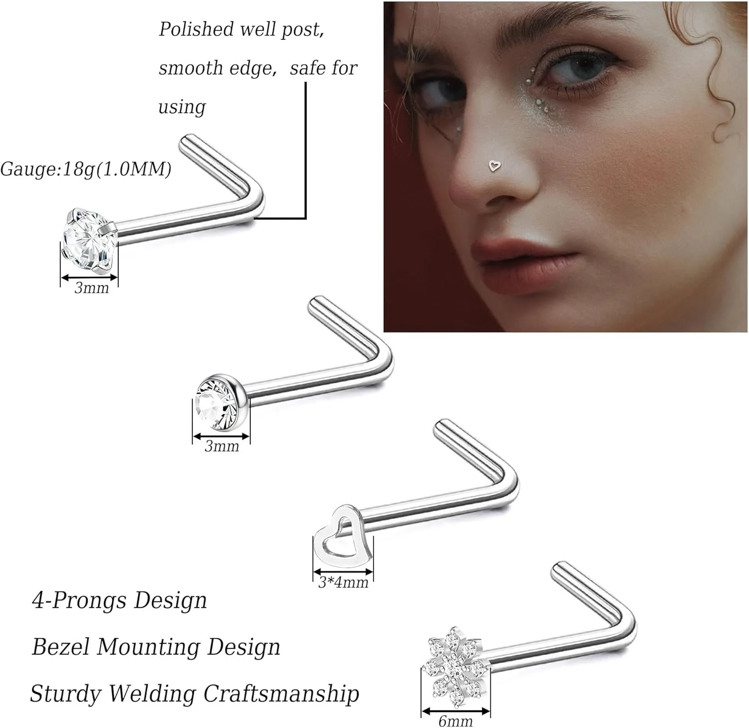 MILACOLATO 30Pcs Nose Rings Studs for Women Men 316L Stainless Steel Nose Piercings Jewelry 18G 20G Straight L Shaped Corkscrew Nose Rings Cubic Zirconia Opal Nose Studs Hypoallergenic