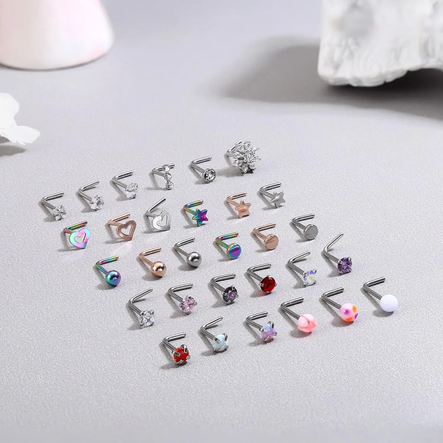 MILACOLATO 30Pcs Nose Rings Studs for Women Men 316L Stainless Steel Nose Piercings Jewelry 18G 20G Straight L Shaped Corkscrew Nose Rings Cubic Zirconia Opal Nose Studs Hypoallergenic