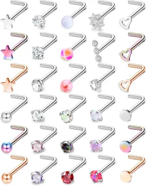 MILACOLATO 30Pcs Nose Rings Studs for Women Men 316L Stainless Steel Nose Piercings Jewelry 18G 20G Straight L Shaped Corkscrew Nose Rings Cubic Zirconia Opal Nose Studs Hypoallergenic