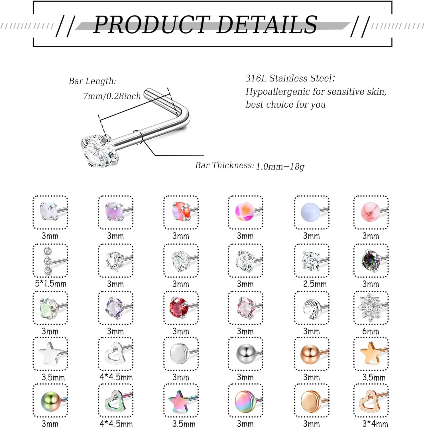 MILACOLATO 30Pcs Nose Rings Studs for Women Men 316L Stainless Steel Nose Piercings Jewelry 18G 20G Straight L Shaped Corkscrew Nose Rings Cubic Zirconia Opal Nose Studs Hypoallergenic
