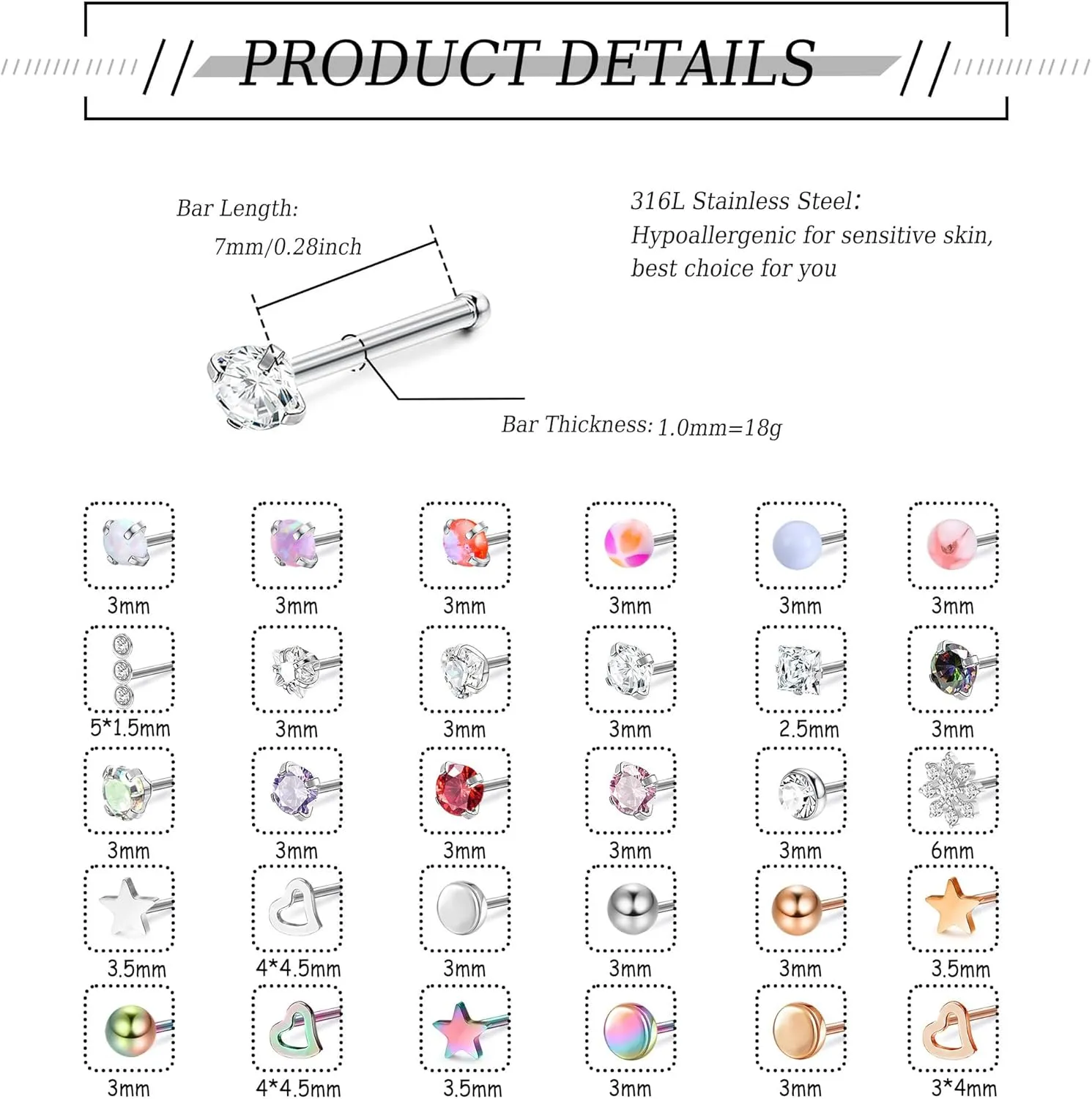 MILACOLATO 30Pcs Nose Rings Studs for Women Men 316L Stainless Steel Nose Piercings Jewelry 18G 20G Straight L Shaped Corkscrew Nose Rings Cubic Zirconia Opal Nose Studs Hypoallergenic