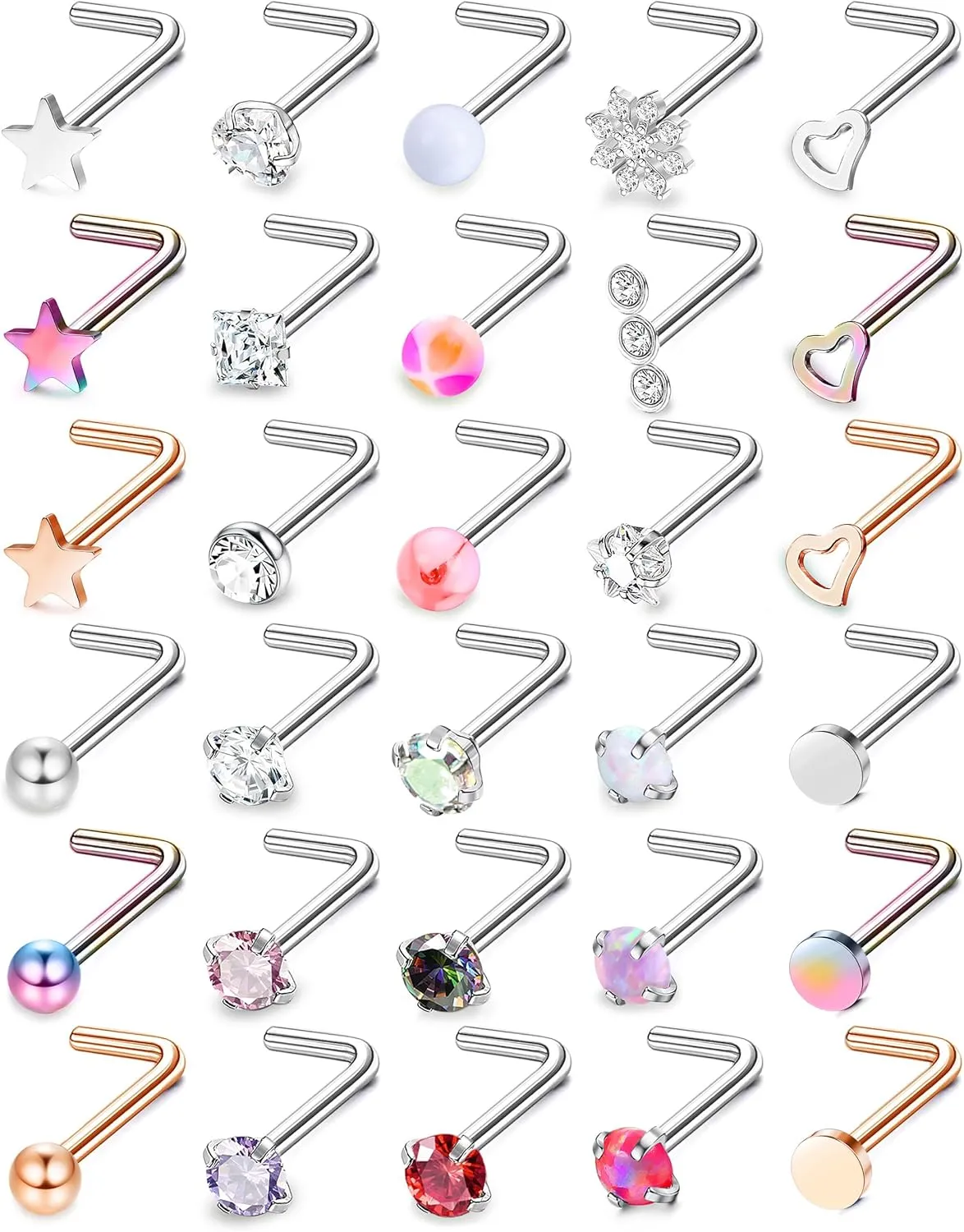MILACOLATO 30Pcs Nose Rings Studs for Women Men 316L Stainless Steel Nose Piercings Jewelry 18G 20G Straight L Shaped Corkscrew Nose Rings Cubic Zirconia Opal Nose Studs Hypoallergenic
