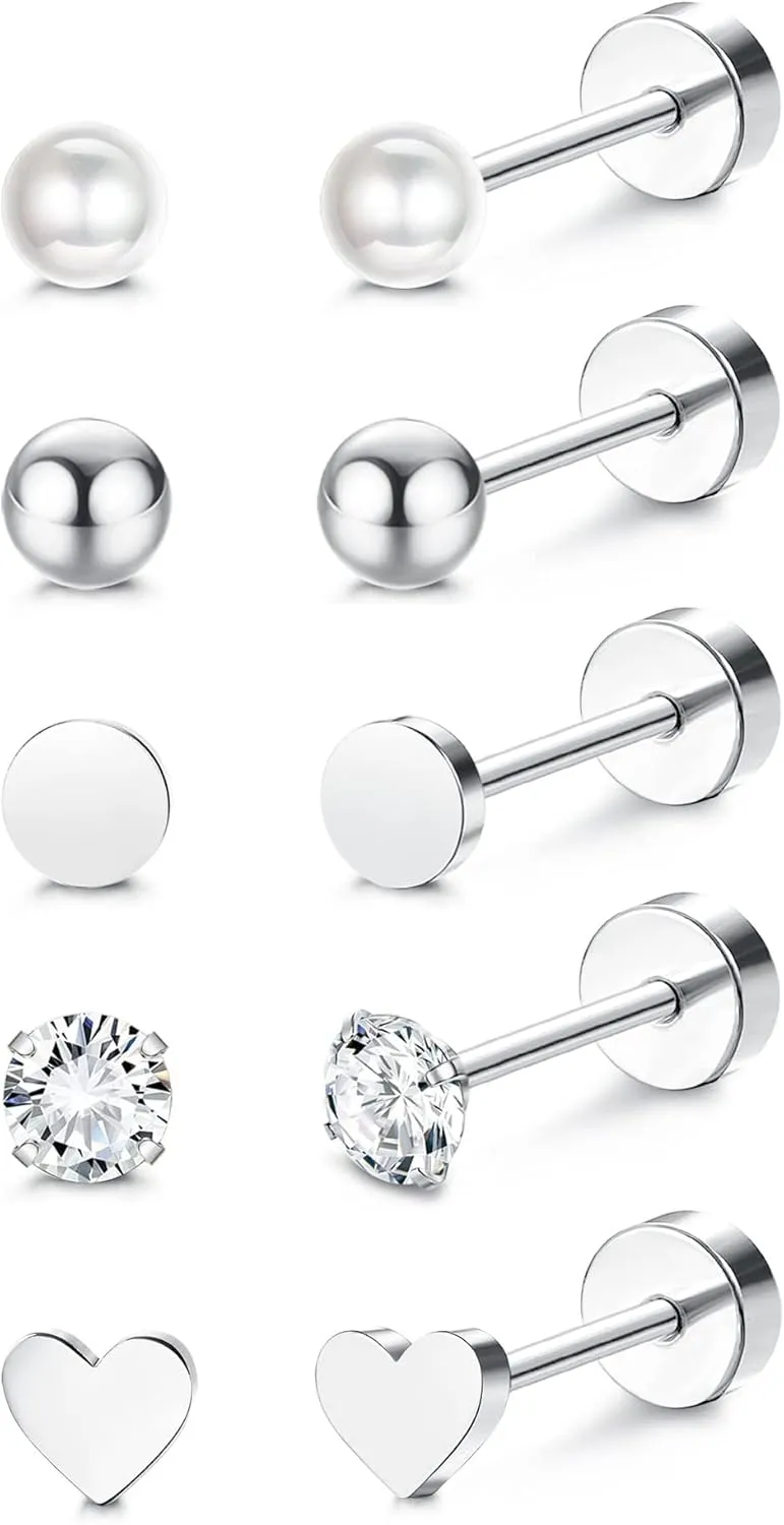 MILACOLATO 5Pairs G23 Titanium Flat Back Earrings Surgical Stainless Steel Stud Earrings for Women Men Opal Pearl Turquoise Cubic Zirconia Sleeper Cartilage Screwback Earrings Piercing Studs Titanium Earrings for Sensitive Ears