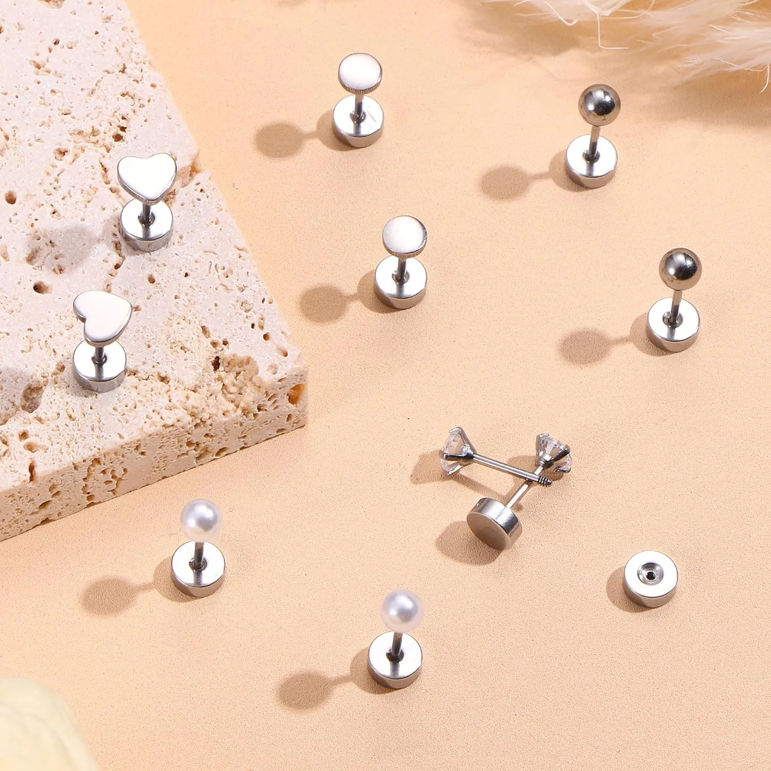 MILACOLATO 5Pairs G23 Titanium Flat Back Earrings Surgical Stainless Steel Stud Earrings for Women Men Opal Pearl Turquoise Cubic Zirconia Sleeper Cartilage Screwback Earrings Piercing Studs Titanium Earrings for Sensitive Ears