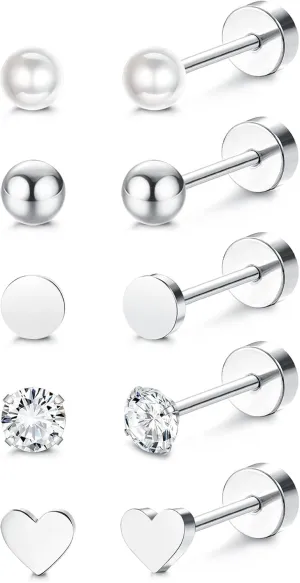 MILACOLATO 5Pairs G23 Titanium Flat Back Earrings Surgical Stainless Steel Stud Earrings for Women Men Opal Pearl Turquoise Cubic Zirconia Sleeper Cartilage Screwback Earrings Piercing Studs Titanium Earrings for Sensitive Ears