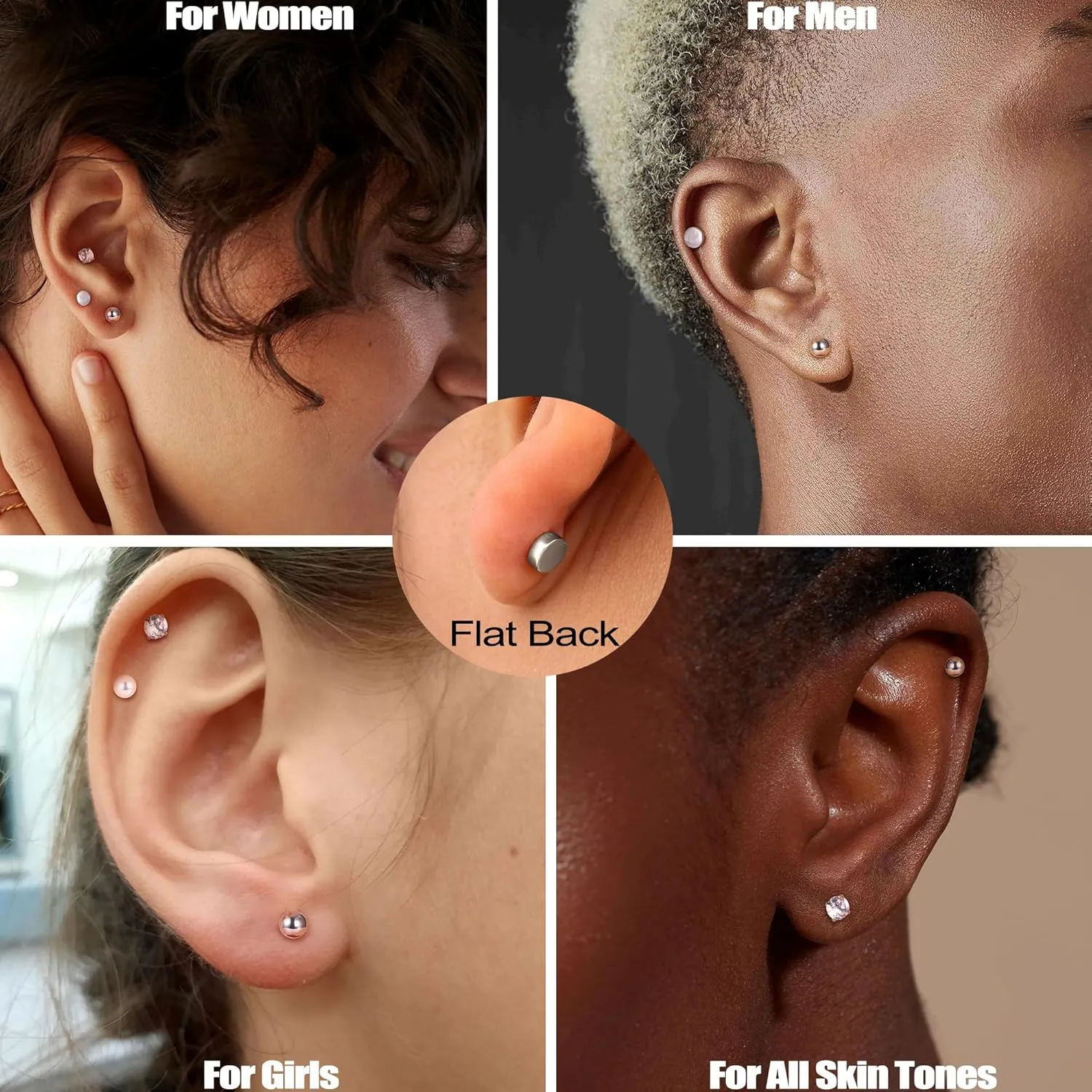 MILACOLATO 5Pairs G23 Titanium Flat Back Earrings Surgical Stainless Steel Stud Earrings for Women Men Opal Pearl Turquoise Cubic Zirconia Sleeper Cartilage Screwback Earrings Piercing Studs Titanium Earrings for Sensitive Ears