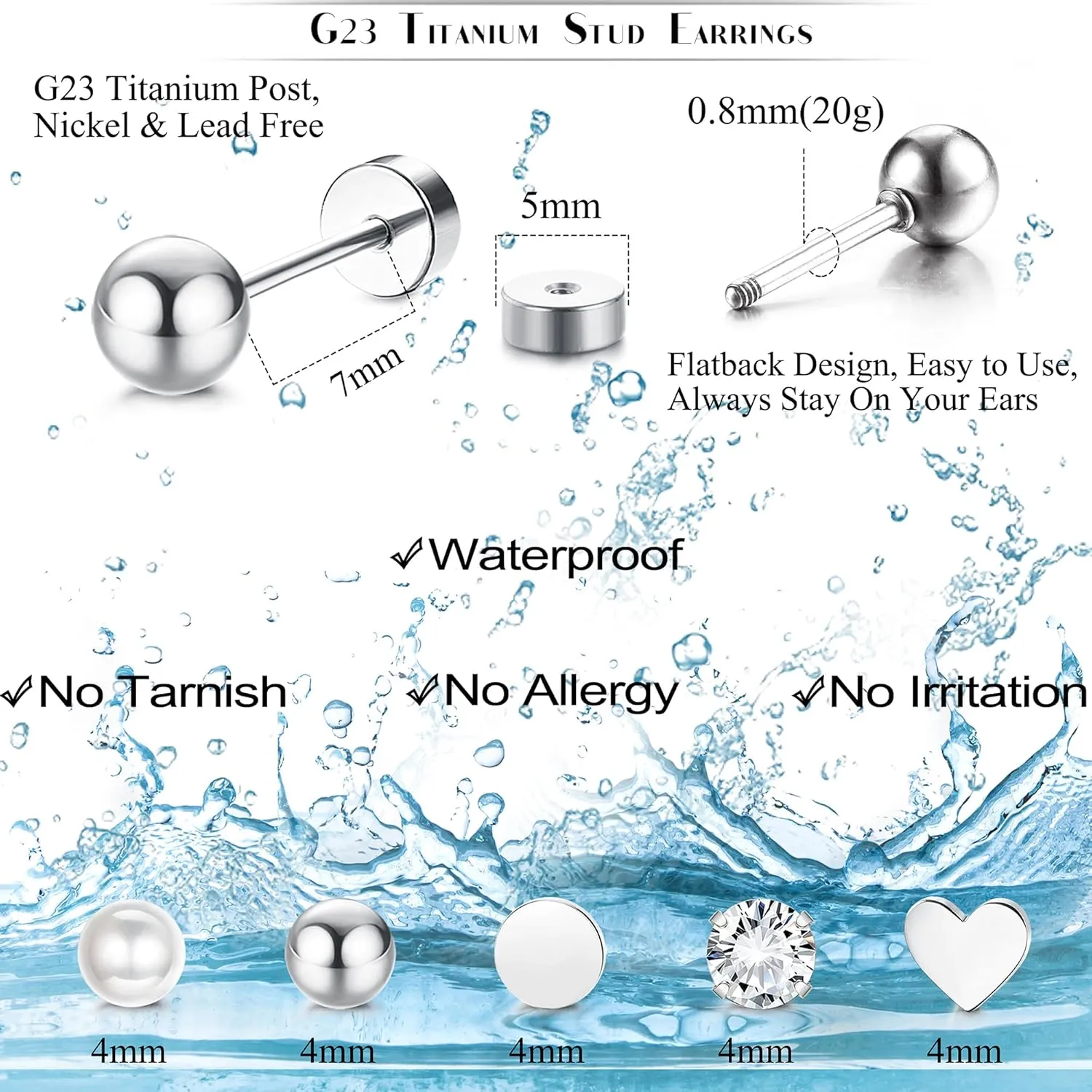 MILACOLATO 5Pairs G23 Titanium Flat Back Earrings Surgical Stainless Steel Stud Earrings for Women Men Opal Pearl Turquoise Cubic Zirconia Sleeper Cartilage Screwback Earrings Piercing Studs Titanium Earrings for Sensitive Ears
