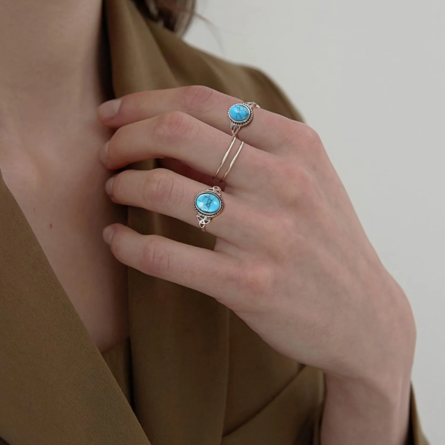 MILACOLATO Sterling Silver Turquoise Rings for Women Handmade Vintage Celtic Knot Rings 18K White Gold Plated Bohemian Oval Ring Victorian Style Western Turquoise Ring